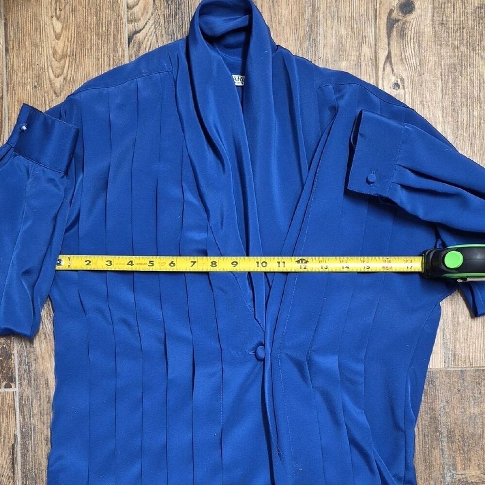 Vintage Marlis 80s Padded Shoulder Blouse Royal Blue Wrap Top Petite Small PS 90 - Picture 12 of 13